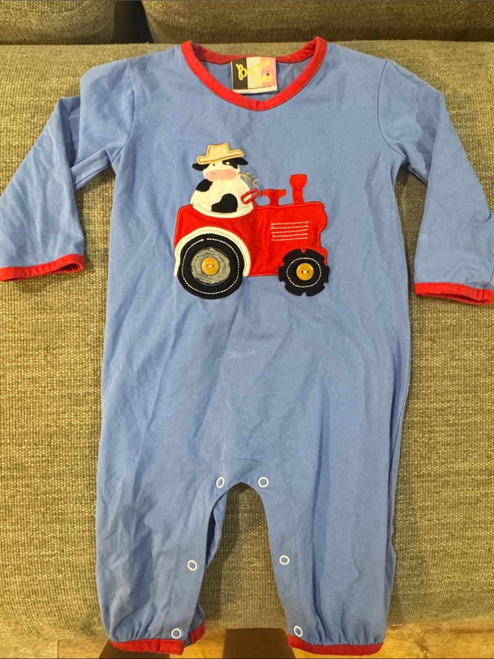 Blue Cotton Kids One-Piece with Red Tractor Applique